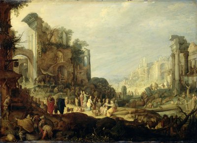 Landscape with Ruins and the Meeting of Rebecca and Eliezer by Willem van Nieulandt II